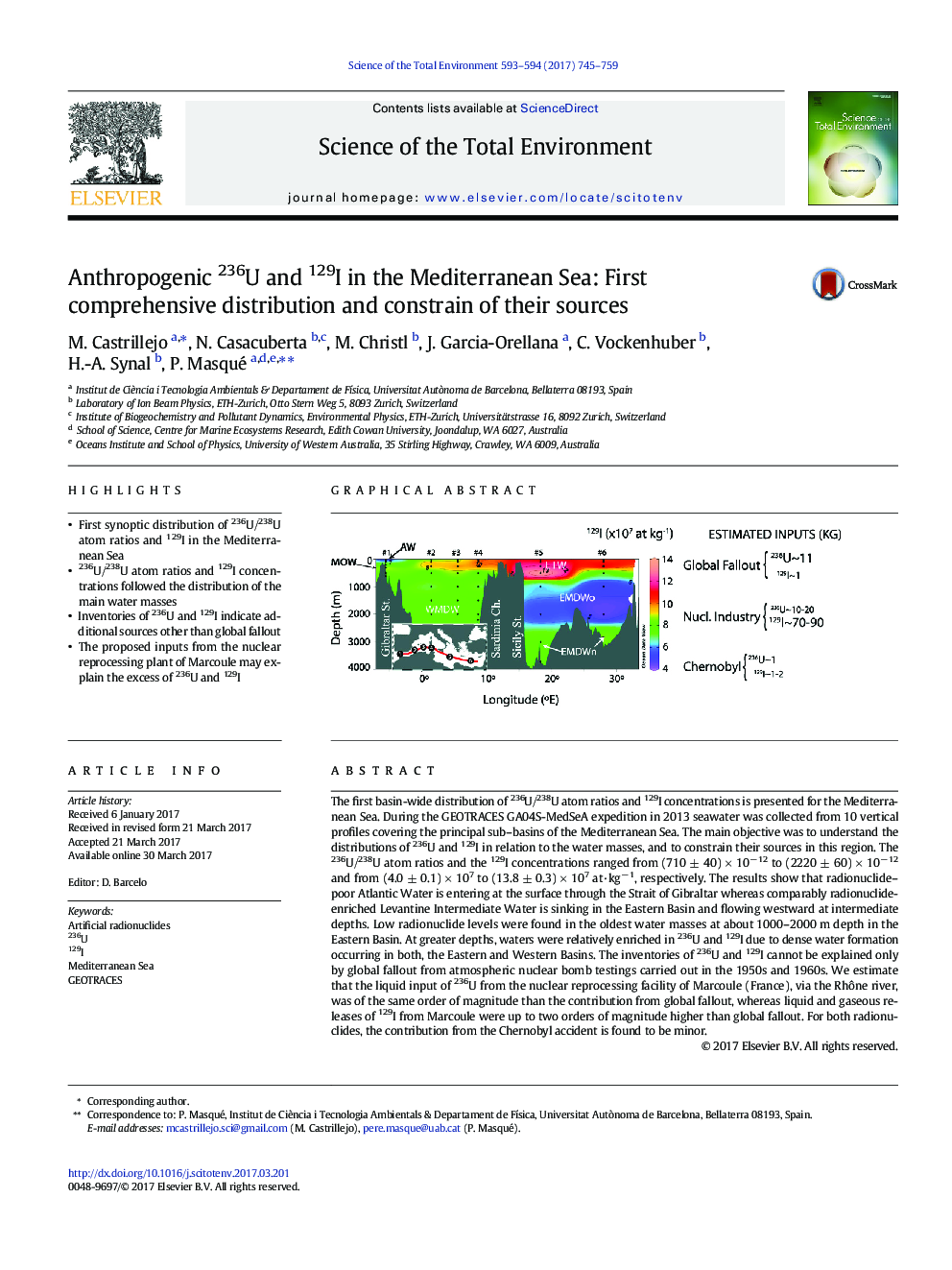 Anthropogenic 236U and 129I in the Mediterranean Sea: First comprehensive distribution and constrain of their sources