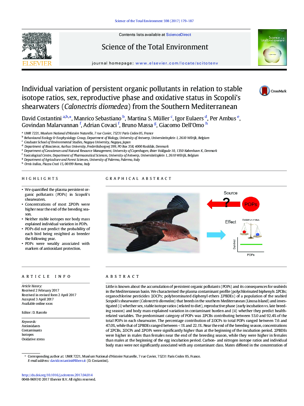 Individual variation of persistent organic pollutants in relation to stable isotope ratios, sex, reproductive phase and oxidative status in Scopoli's shearwaters (Calonectris diomedea) from the Southern Mediterranean
