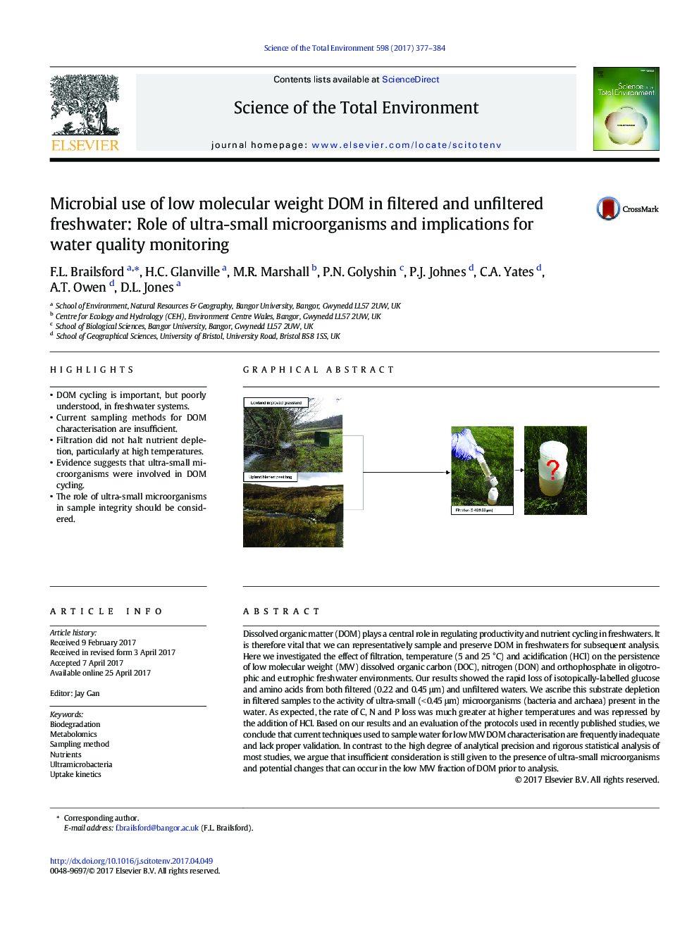 Microbial use of low molecular weight DOM in filtered and unfiltered freshwater: Role of ultra-small microorganisms and implications for water quality monitoring