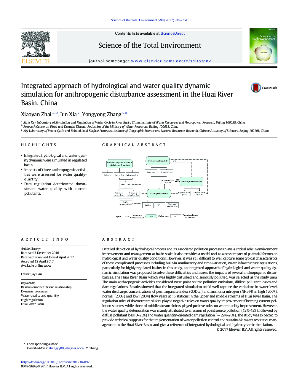 Integrated approach of hydrological and water quality dynamic simulation for anthropogenic disturbance assessment in the Huai River Basin, China