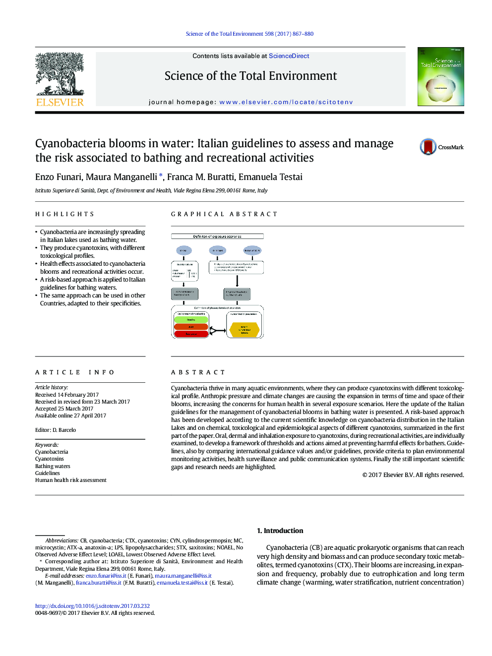 Cyanobacteria blooms in water: Italian guidelines to assess and manage the risk associated to bathing and recreational activities