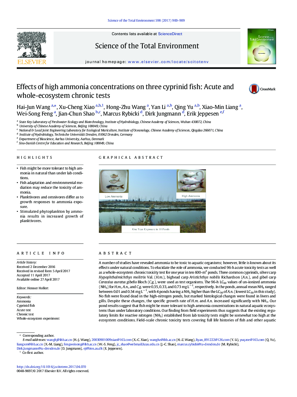 اثرات غلظت آمونیاک بالا بر روی سه ماهی سیپریید: آزمایش های مزمن حاد و کل اکوسیستم 