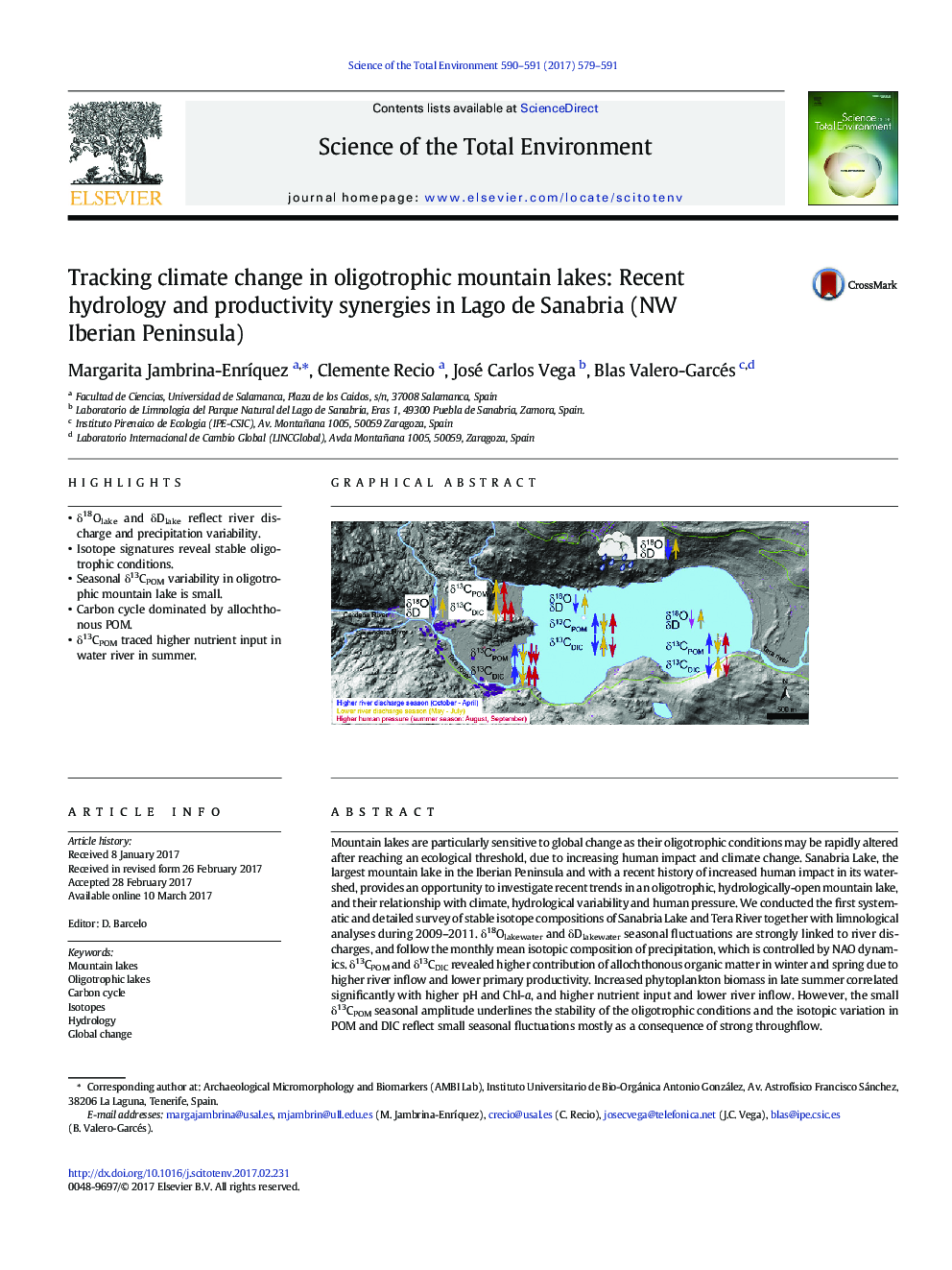 Tracking climate change in oligotrophic mountain lakes: Recent hydrology and productivity synergies in Lago de Sanabria (NW Iberian Peninsula)