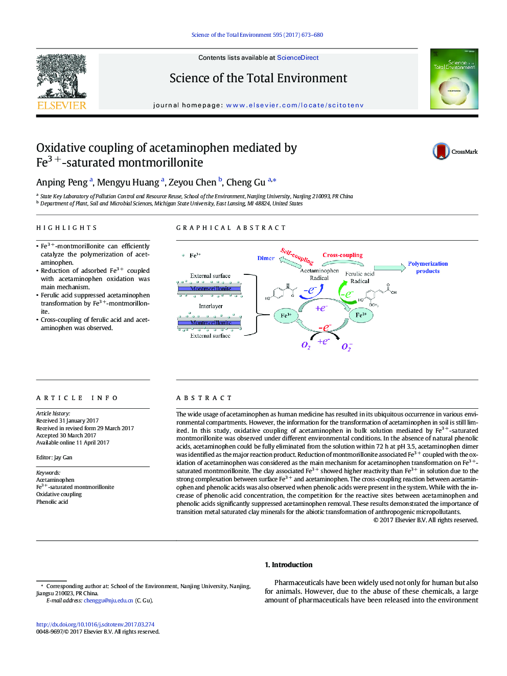 Oxidative coupling of acetaminophen mediated by Fe3Â +-saturated montmorillonite