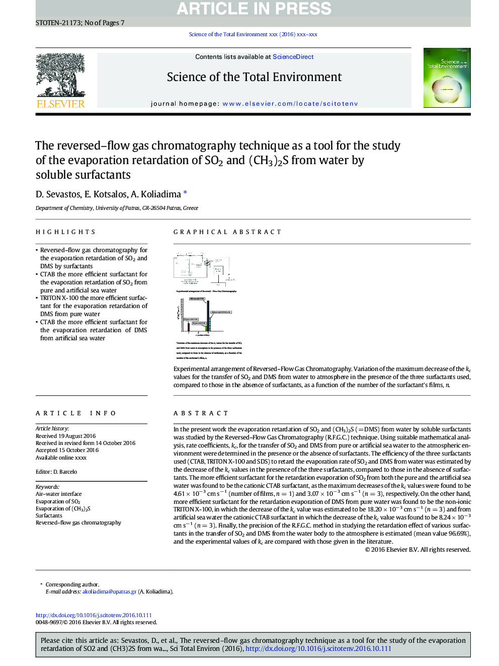 The reversed-flow gas chromatography technique as a tool for the study of the evaporation retardation of SO2 and (CH3)2S from water by soluble surfactants