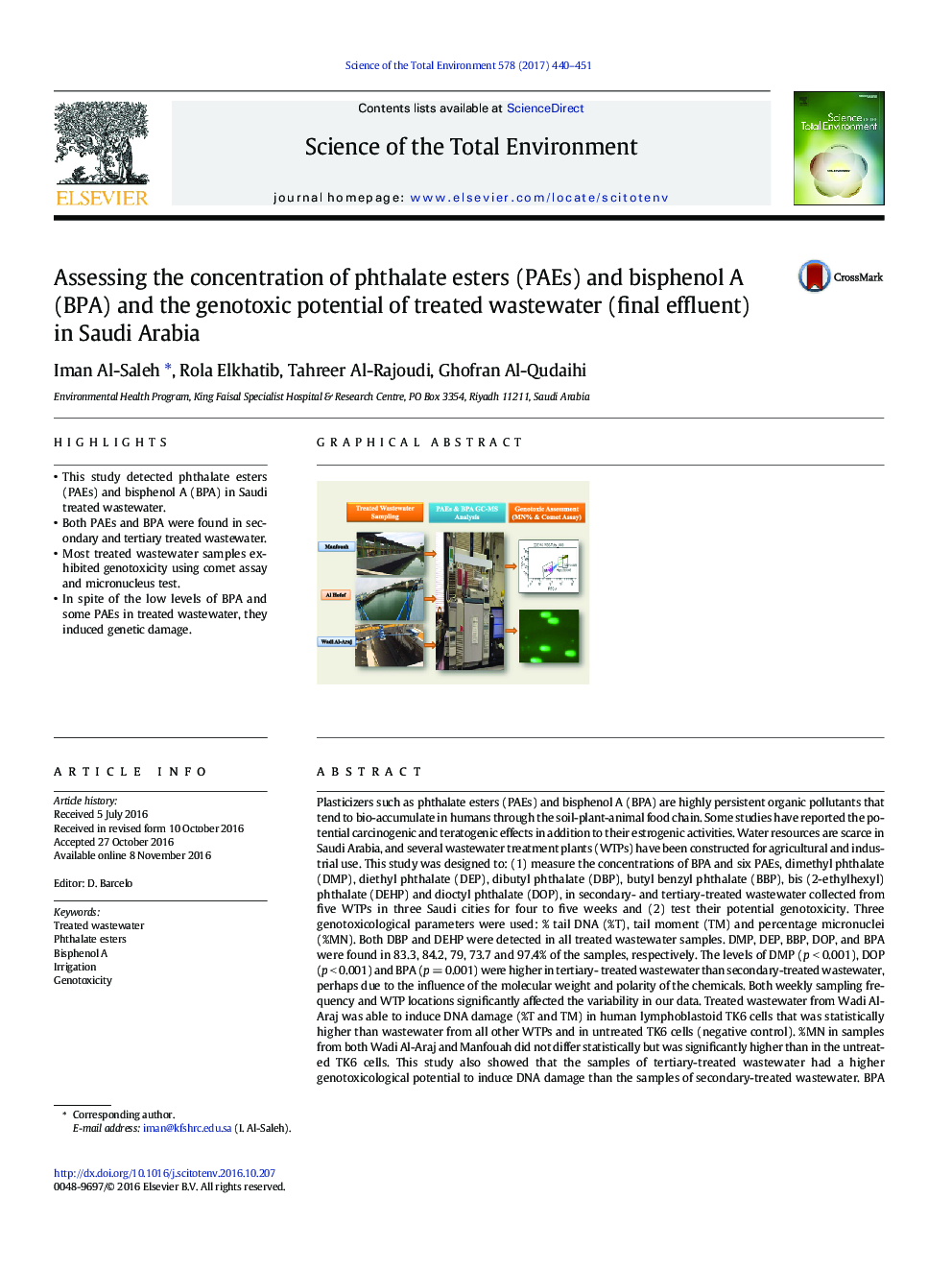 Assessing the concentration of phthalate esters (PAEs) and bisphenol A (BPA) and the genotoxic potential of treated wastewater (final effluent) in Saudi Arabia