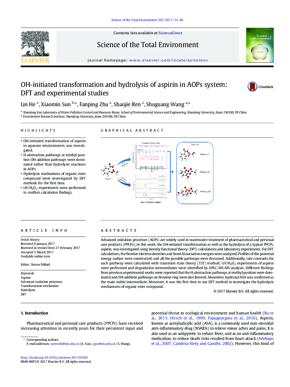 OH-initiated transformation and hydrolysis of aspirin in AOPs system: DFT and experimental studies