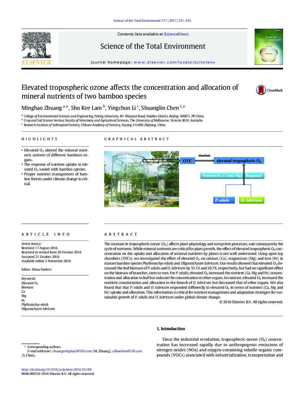 Elevated tropospheric ozone affects the concentration and allocation of mineral nutrients of two bamboo species
