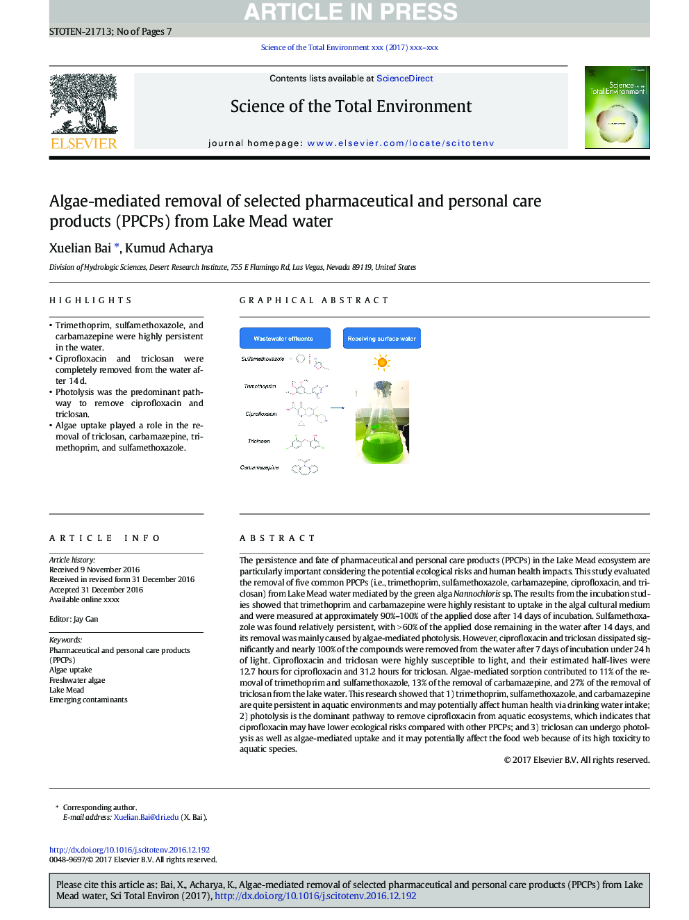 Algae-mediated removal of selected pharmaceutical and personal care products (PPCPs) from Lake Mead water