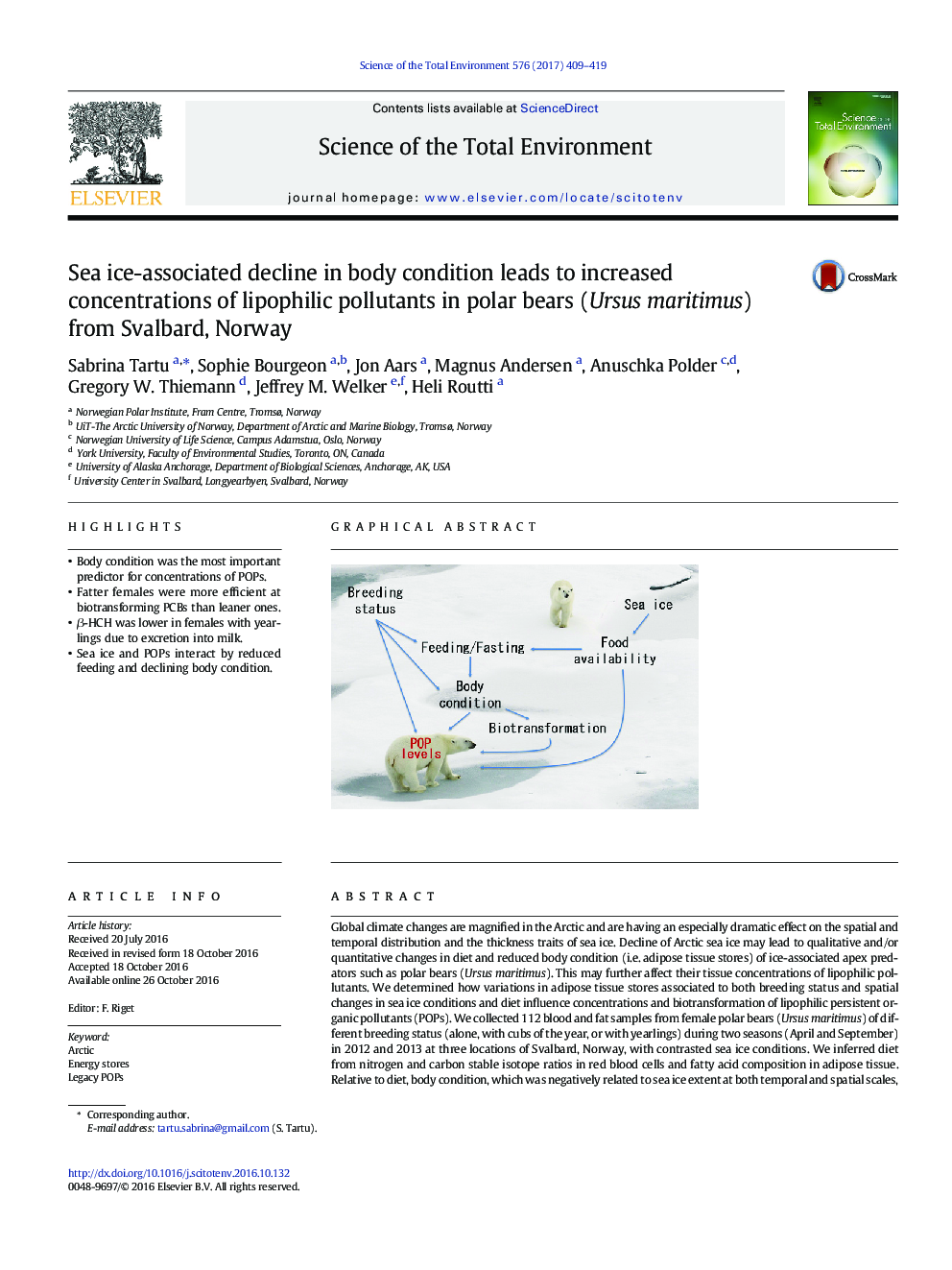 Sea ice-associated decline in body condition leads to increased concentrations of lipophilic pollutants in polar bears (Ursus maritimus) from Svalbard, Norway