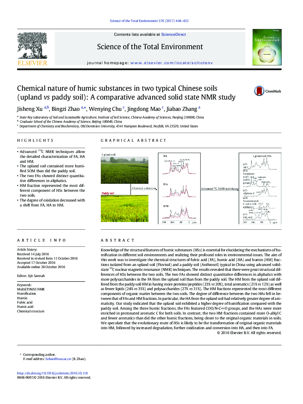 Chemical nature of humic substances in two typical Chinese soils (upland vs paddy soil): A comparative advanced solid state NMR study