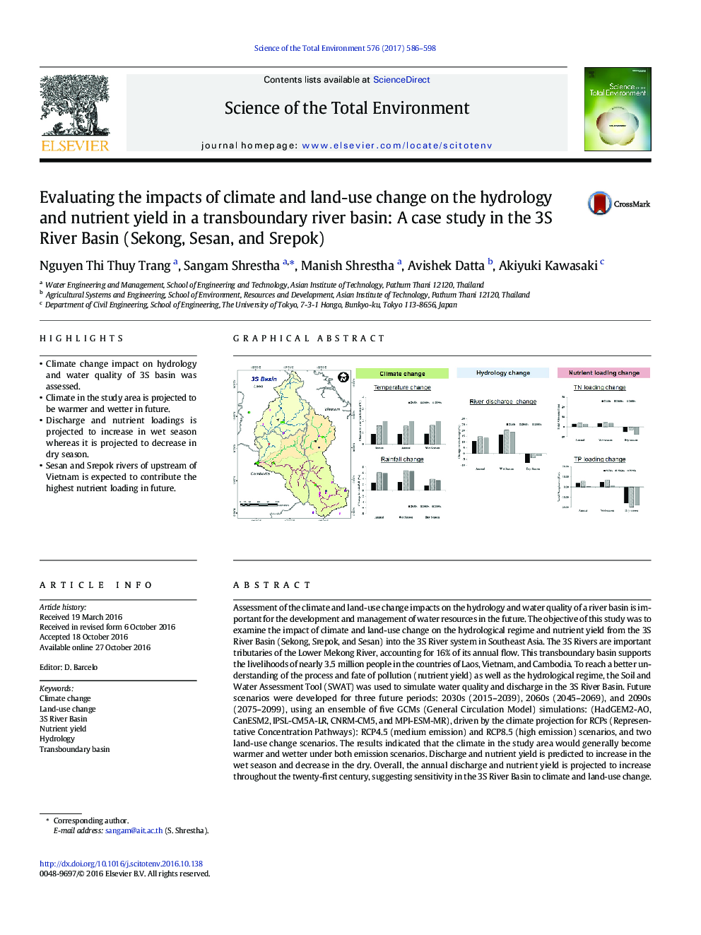 Evaluating the impacts of climate and land-use change on the hydrology and nutrient yield in a transboundary river basin: A case study in the 3S River Basin (Sekong, Sesan, and Srepok)