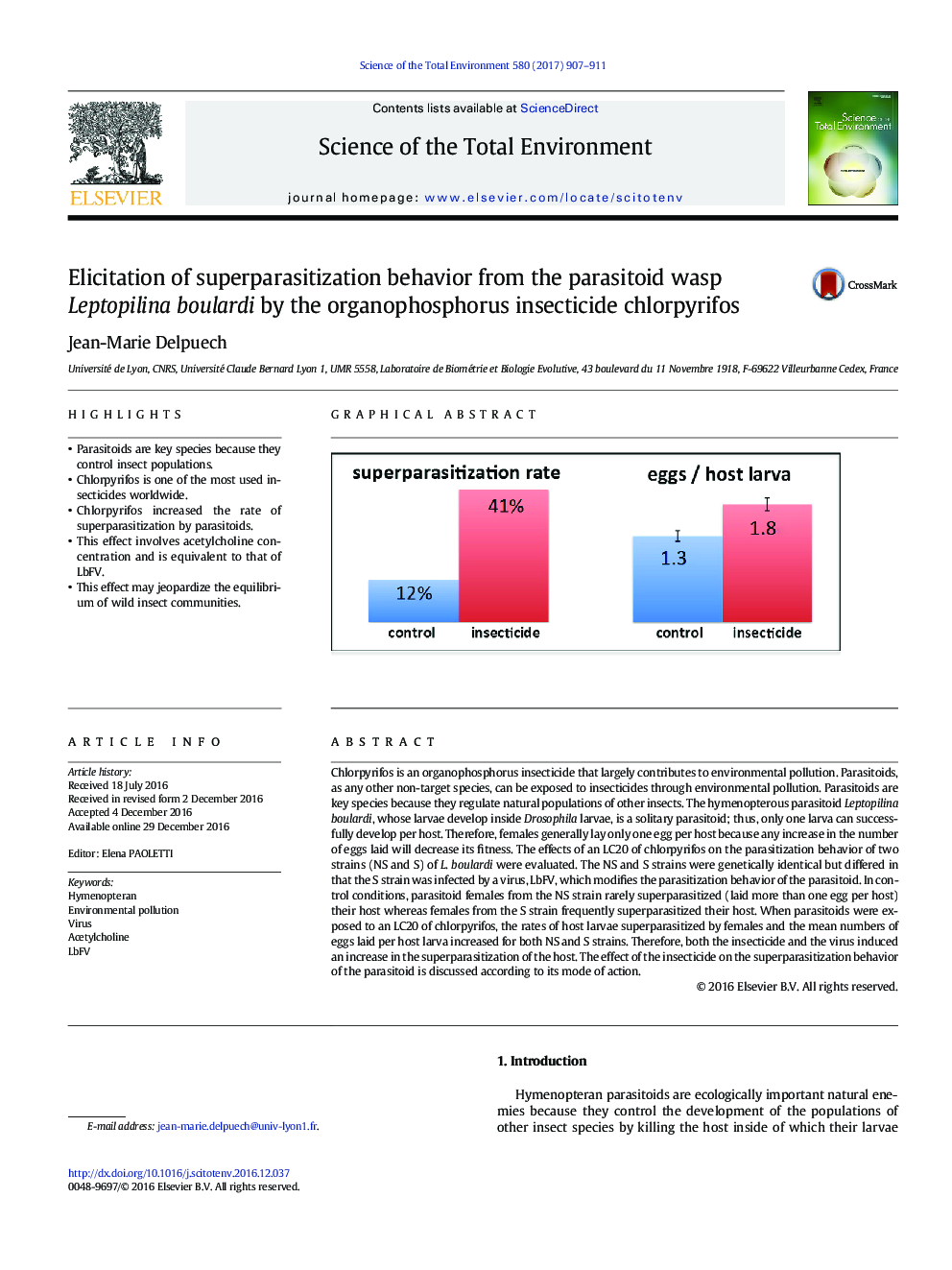 اصلاح رفتار سوپر پارازیتیزاسیون از اسپپه انگور انگل لپتپیلینا بولاردی توسط کلروفیریوف حشره کش های ارگانوفسفره 