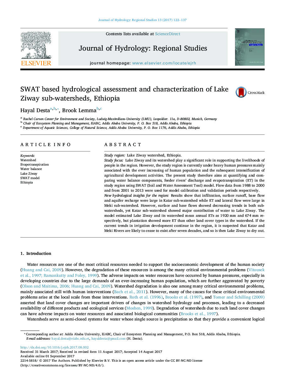 SWAT based hydrological assessment and characterization of Lake Ziway sub-watersheds, Ethiopia