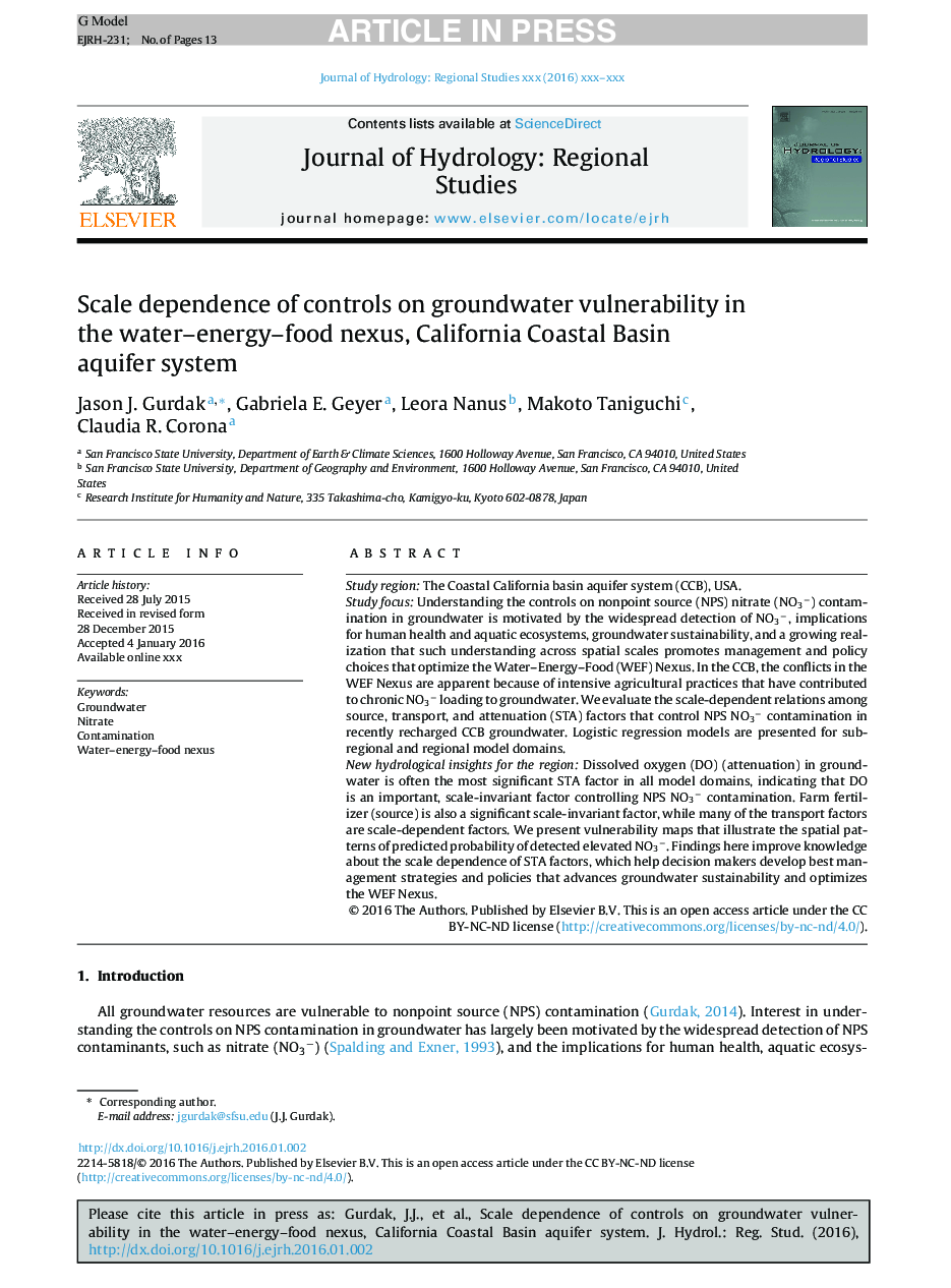 وابستگی مقیاس کنترل بر آسیب پذیری آب های زیرزمینی در ارتباطات آب-انرژی- مواد غذایی، سیستم آبخوان آبرفتی ساحلی کالیفرنیا 
