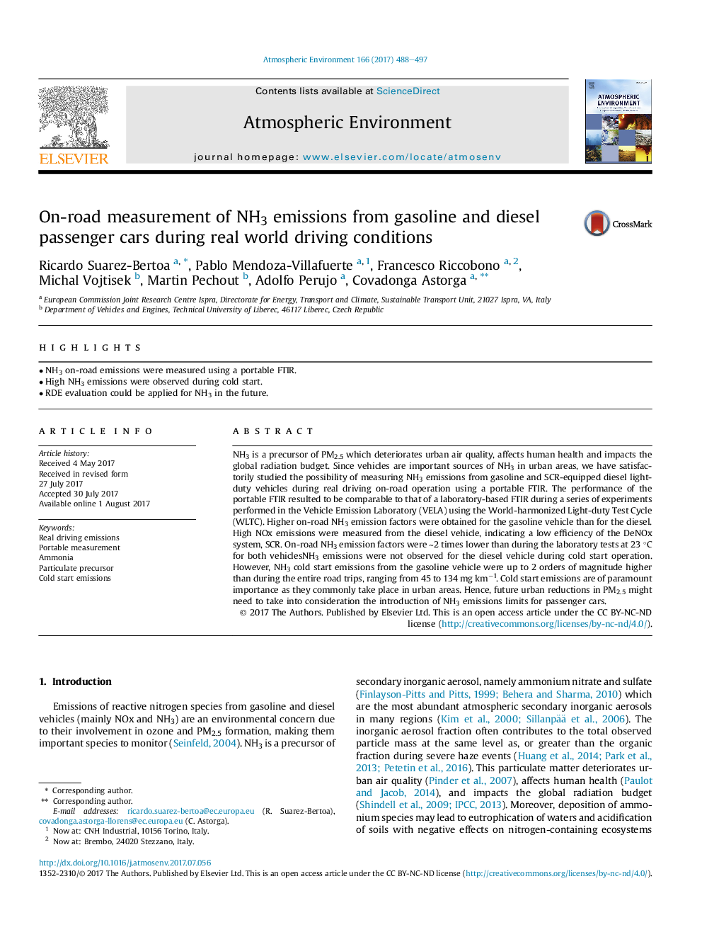 On-road measurement of NH3 emissions from gasoline and diesel passenger cars during real world driving conditions