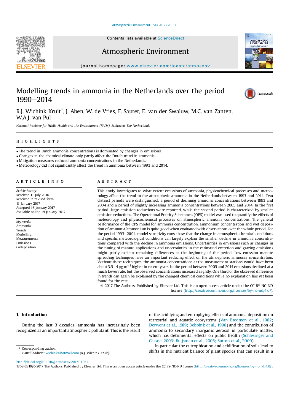 روند آمونیاک در هلند در طول دوره 1990-2014 