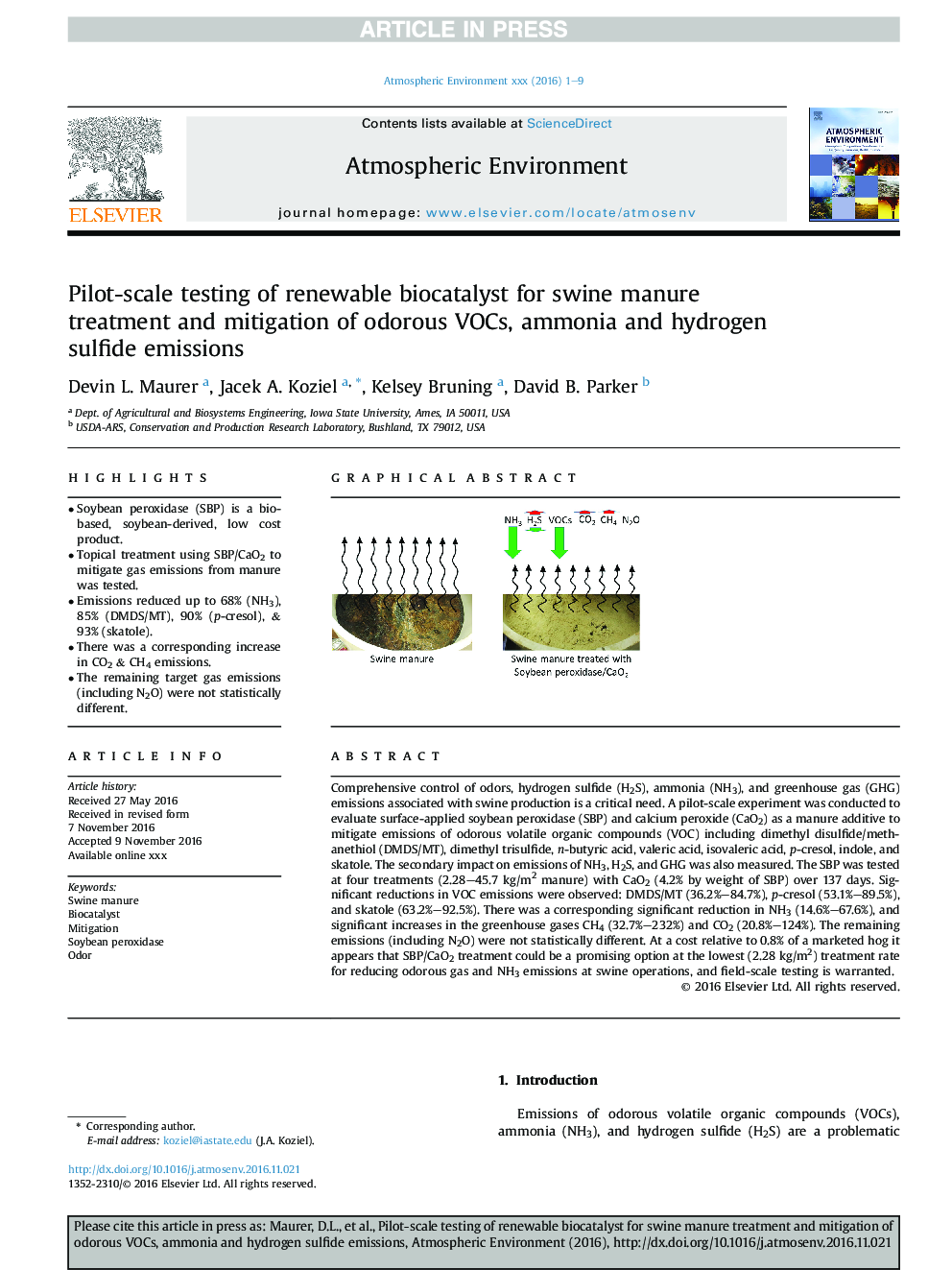 Pilot-scale testing of renewable biocatalyst for swine manure treatment and mitigation of odorous VOCs, ammonia and hydrogen sulfide emissions