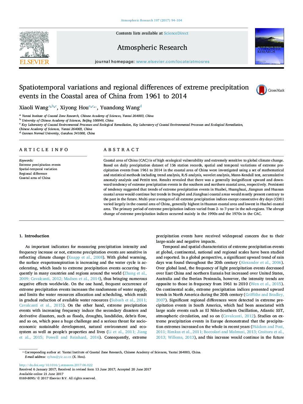 Spatiotemporal variations and regional differences of extreme precipitation events in the Coastal area of China from 1961 to 2014