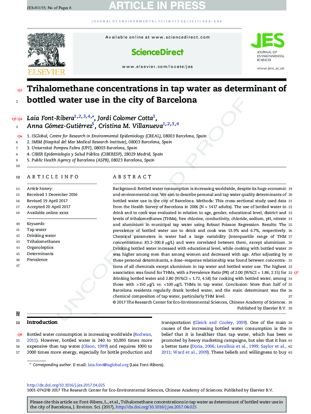Trihalomethane concentrations in tap water as determinant of bottled water use in the city of Barcelona