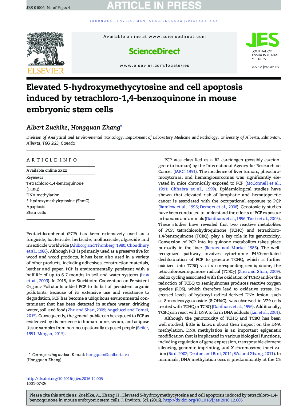 افزایش 5 هیدروکسی متی سیتوزین و آپوپتوز سلول ناشی از تترا کلرو-1،4-بنزووینون در سلول های بنیادی جنینی موش 