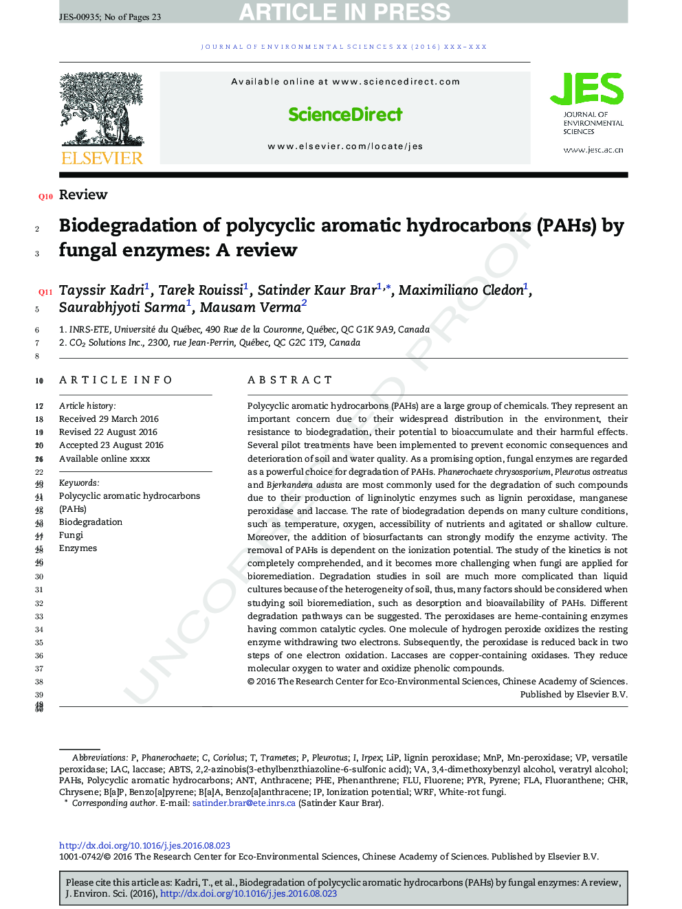 Biodegradation of polycyclic aromatic hydrocarbons (PAHs) by fungal enzymes: A review