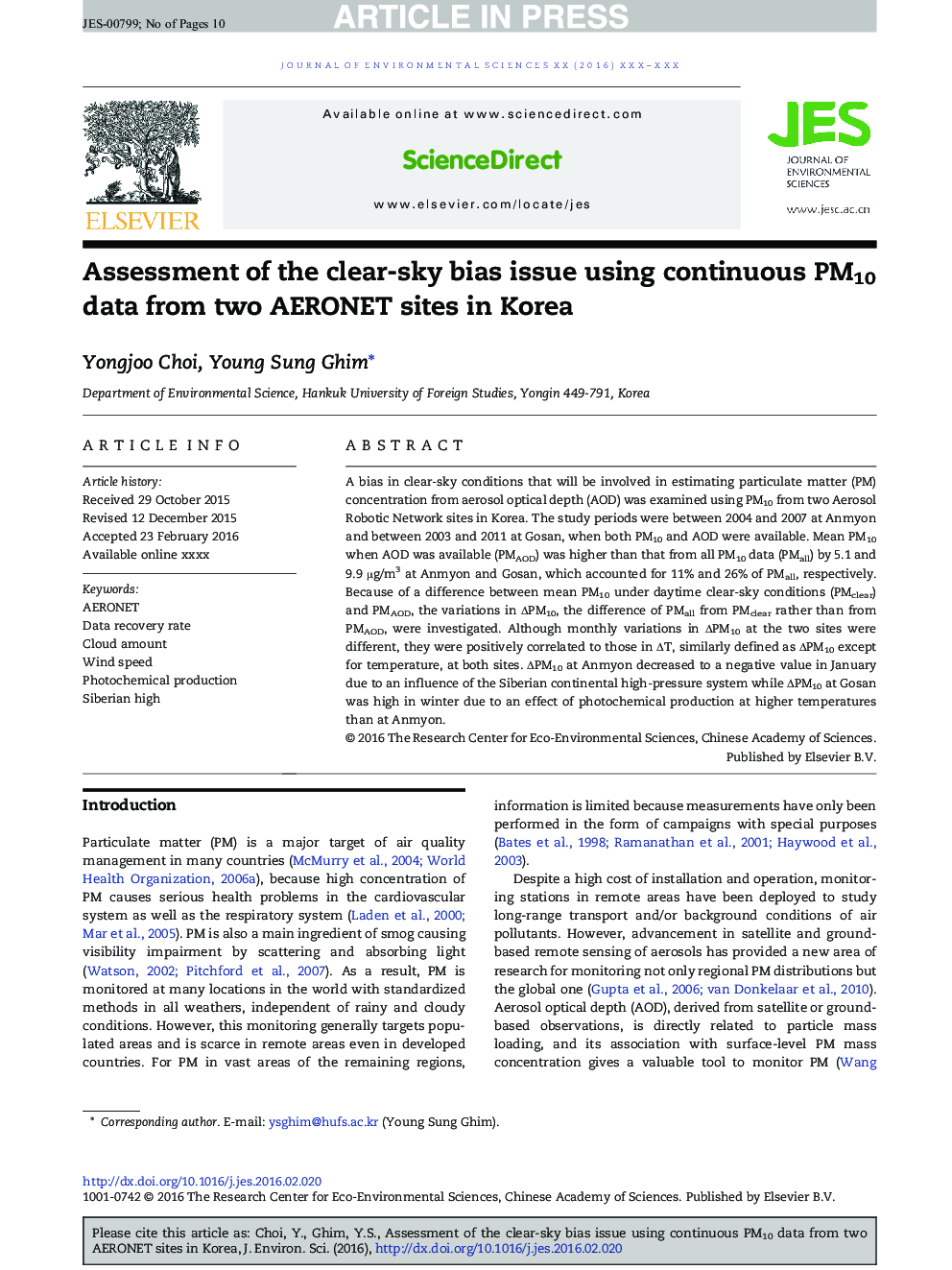 Assessment of the clear-sky bias issue using continuous PM10 data from two AERONET sites in Korea