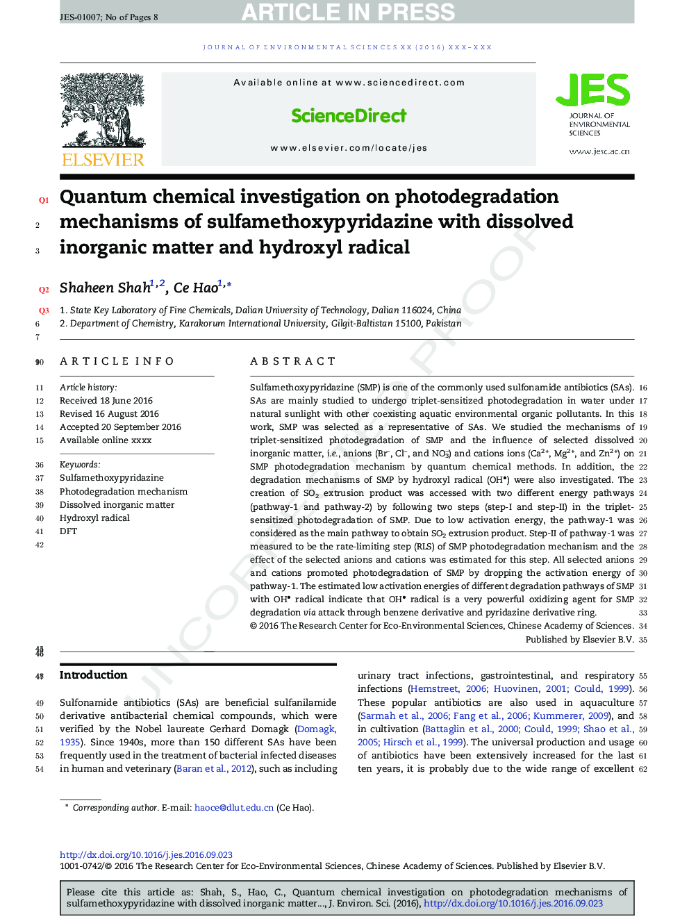 Quantum chemical investigation on photodegradation mechanisms of sulfamethoxypyridazine with dissolved inorganic matter and hydroxyl radical