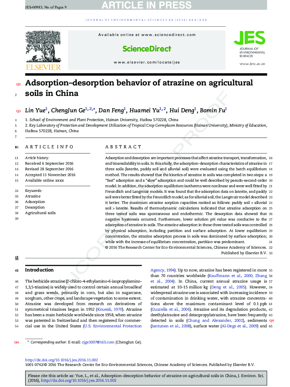 Adsorption-desorption behavior of atrazine on agricultural soils in China