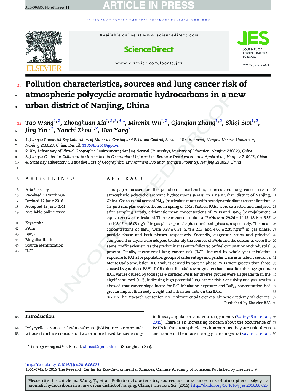 ویژگی های آلودگی، منابع و سرطان ریه خطر ابتلا به هیدروکربن های آروماتیک چندساله جو در یک منطقه شهری جدید در نانجینگ، چین 