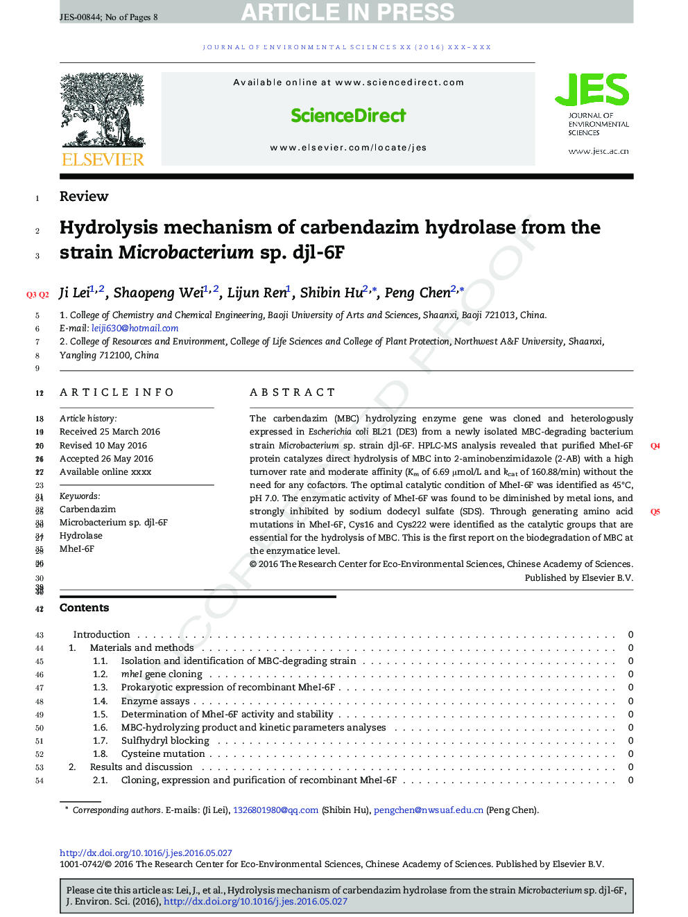 Hydrolysis mechanism of carbendazim hydrolase from the strain Microbacterium sp. djl-6F