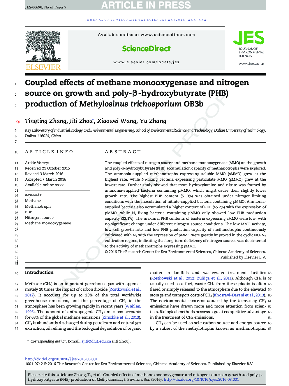 Coupled effects of methane monooxygenase and nitrogen source on growth and poly-Î²-hydroxybutyrate (PHB) production of Methylosinus trichosporium OB3b