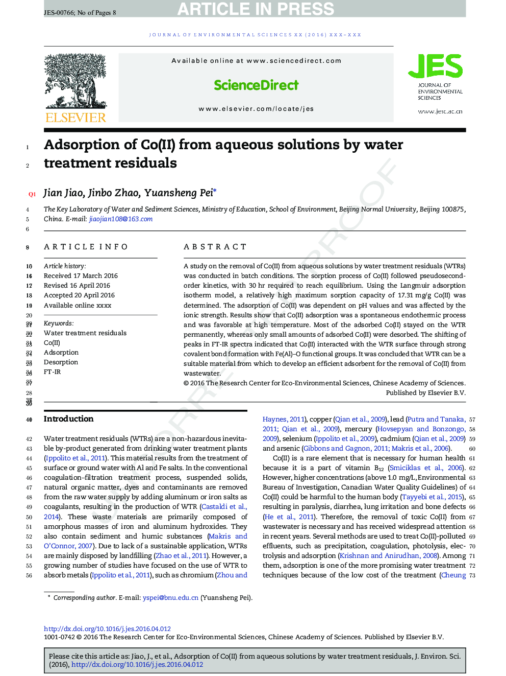 Adsorption of Co(II) from aqueous solutions by water treatment residuals