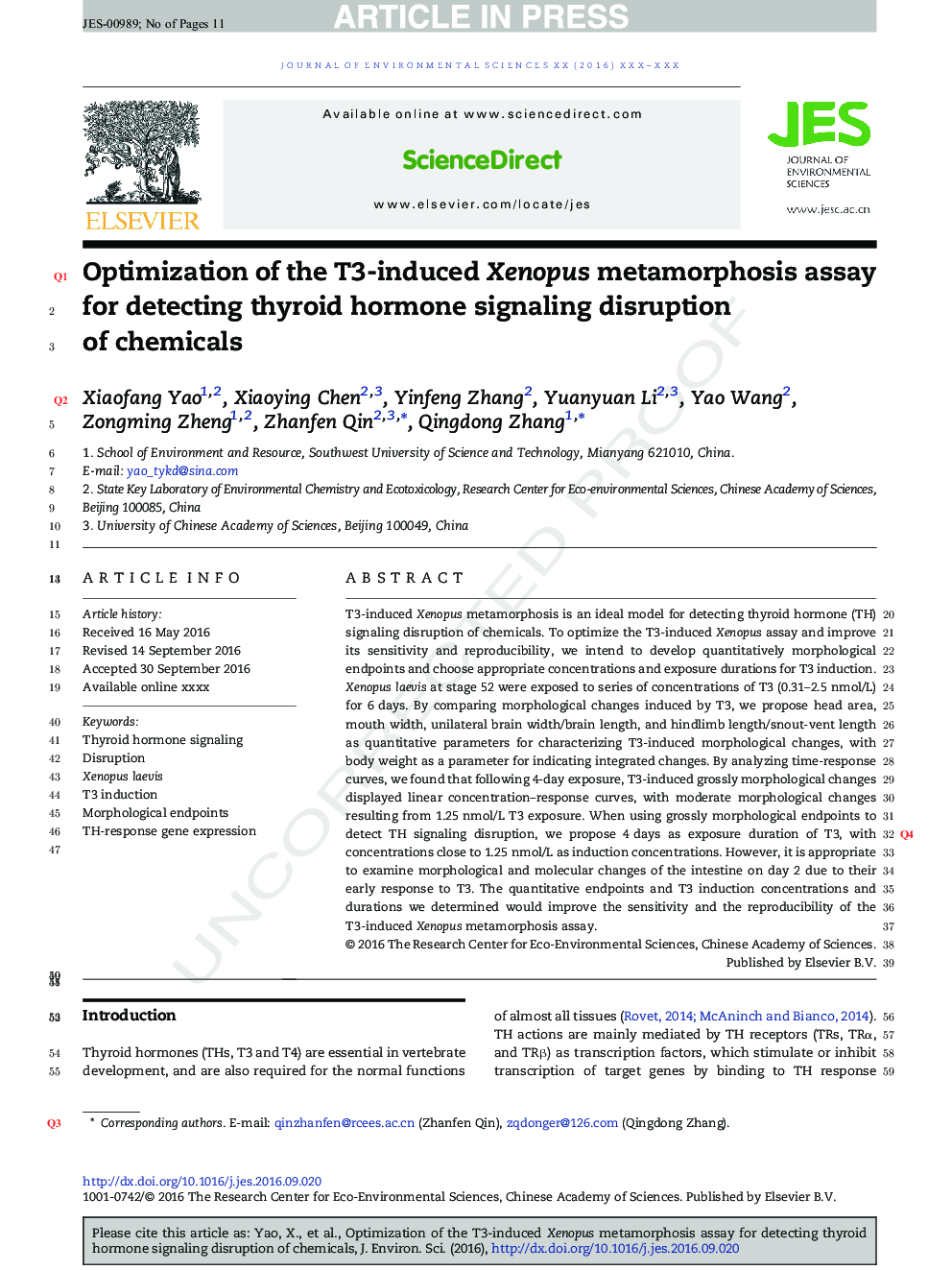 Optimization of the T3-induced Xenopus metamorphosis assay for detecting thyroid hormone signaling disruption of chemicals