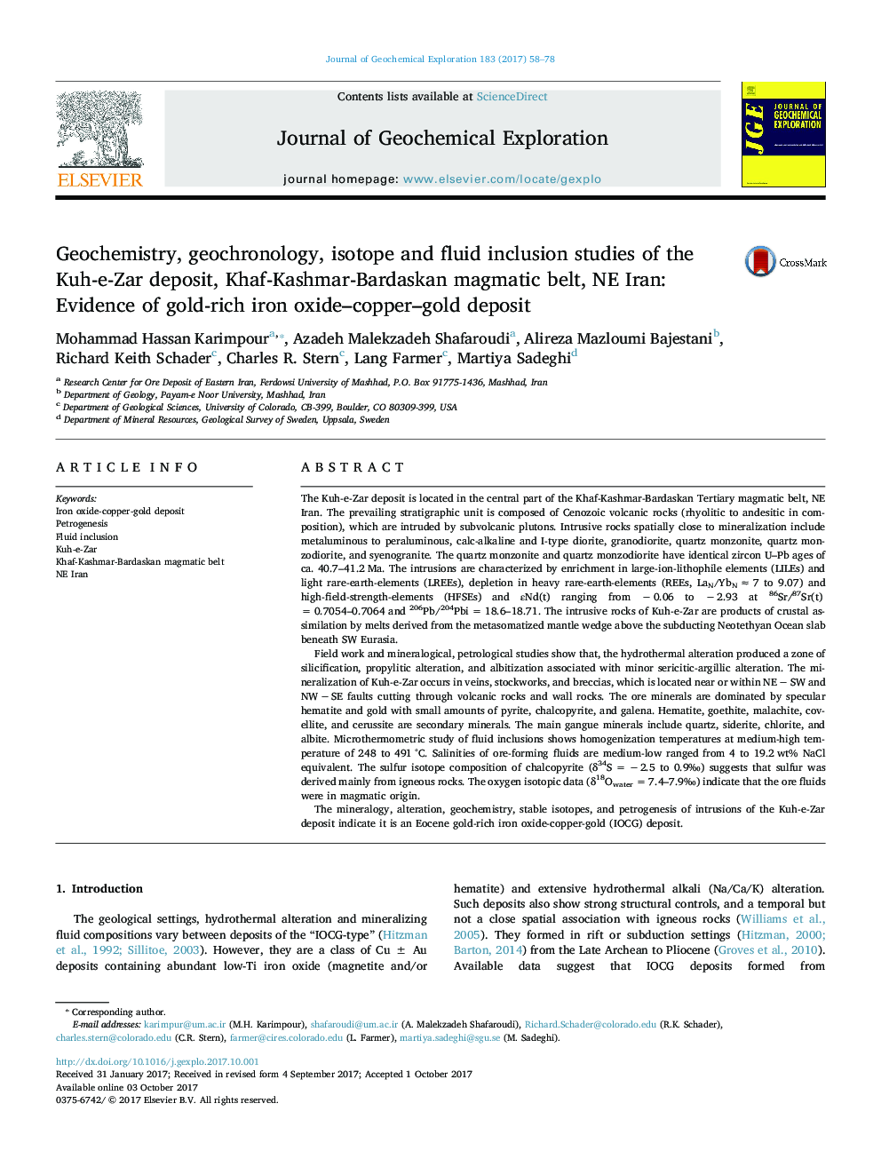 Geochemistry, geochronology, isotope and fluid inclusion studies of the Kuh-e-Zar deposit, Khaf-Kashmar-Bardaskan magmatic belt, NE Iran: Evidence of gold-rich iron oxide-copper-gold deposit