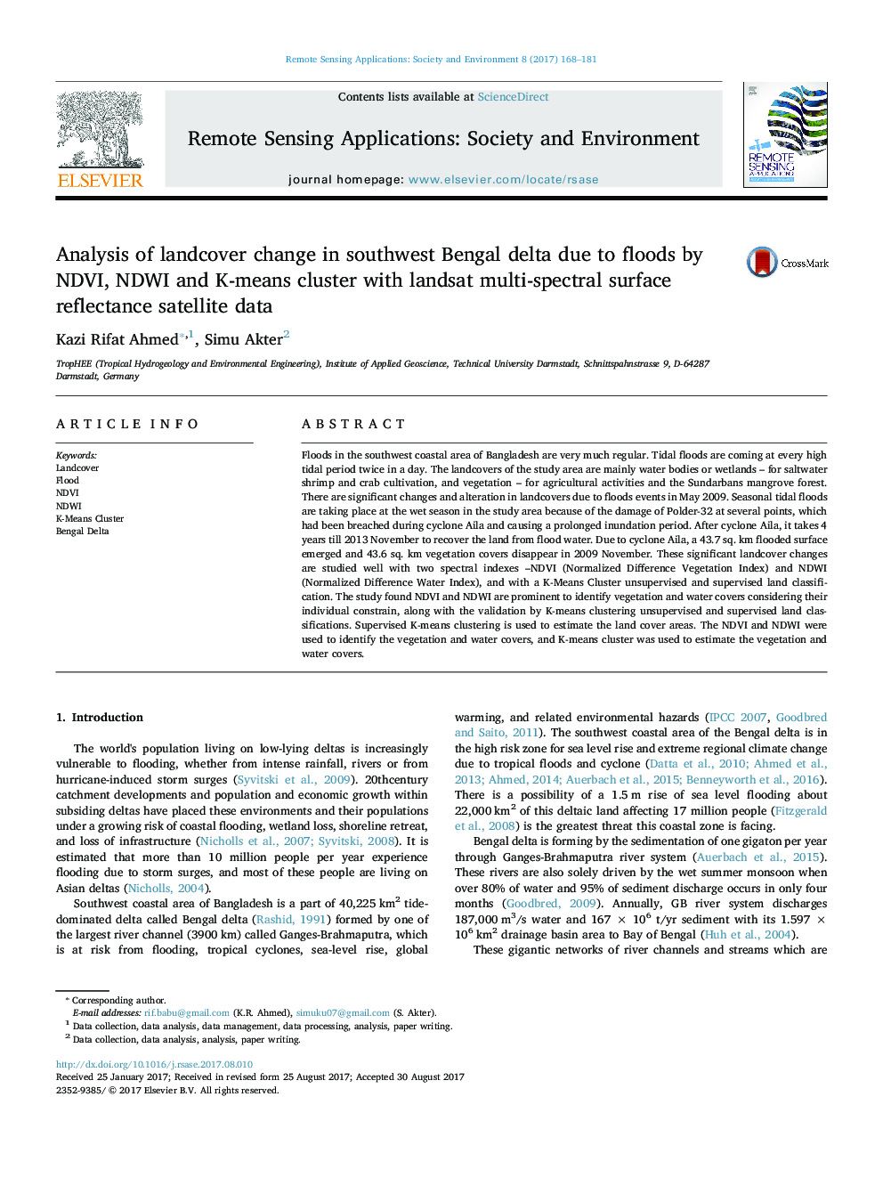 Analysis of landcover change in southwest Bengal delta due to floods by NDVI, NDWI and K-means cluster with landsat multi-spectral surface reflectance satellite data