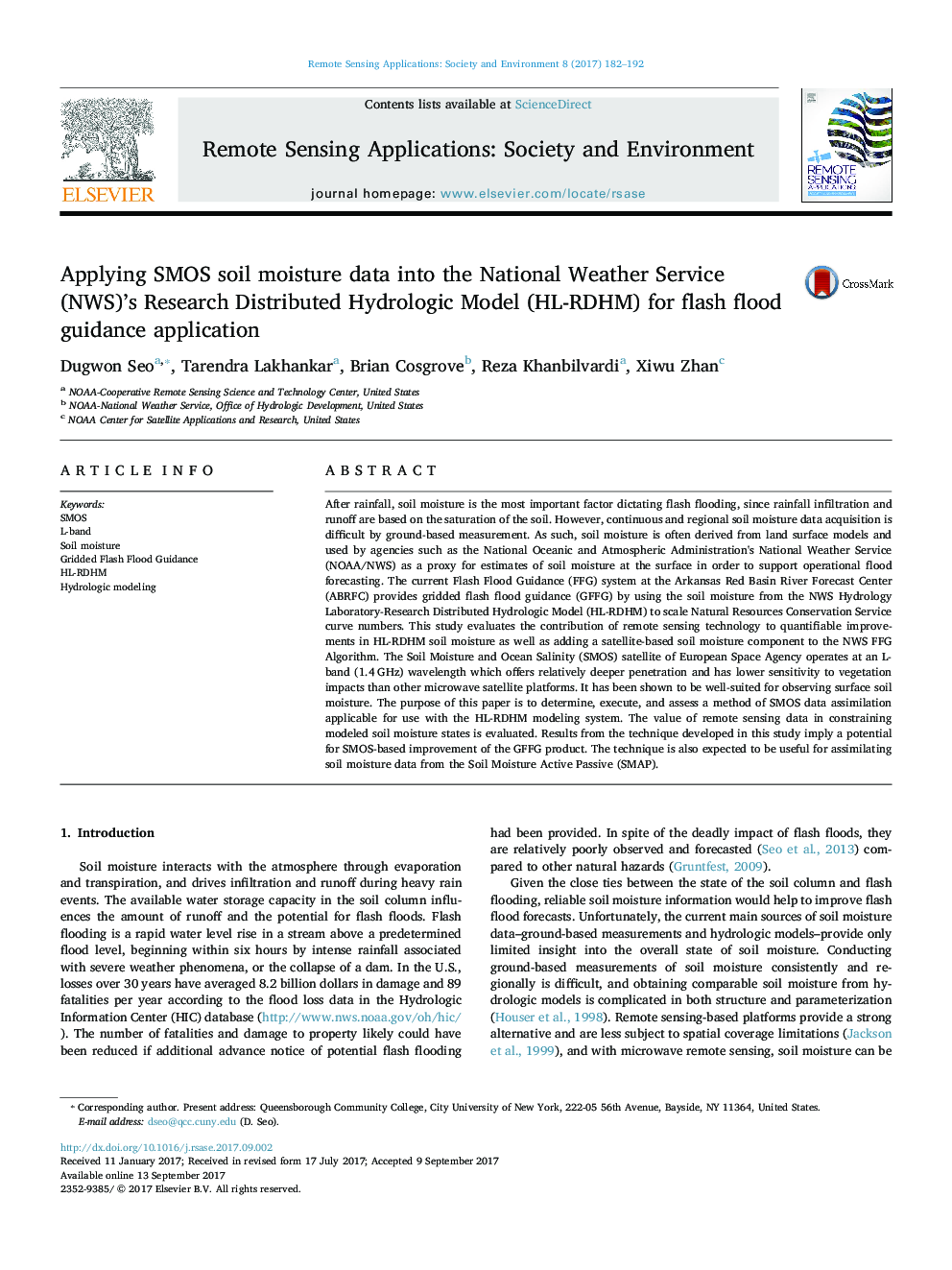 Applying SMOS soil moisture data into the National Weather Service (NWS)'s Research Distributed Hydrologic Model (HL-RDHM) for flash flood guidance application