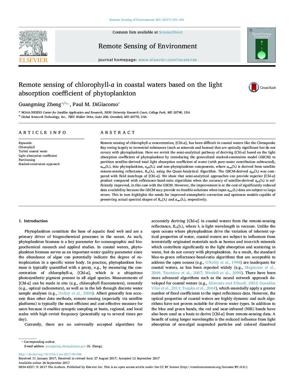 Remote sensing of chlorophyll-a in coastal waters based on the light absorption coefficient of phytoplankton
