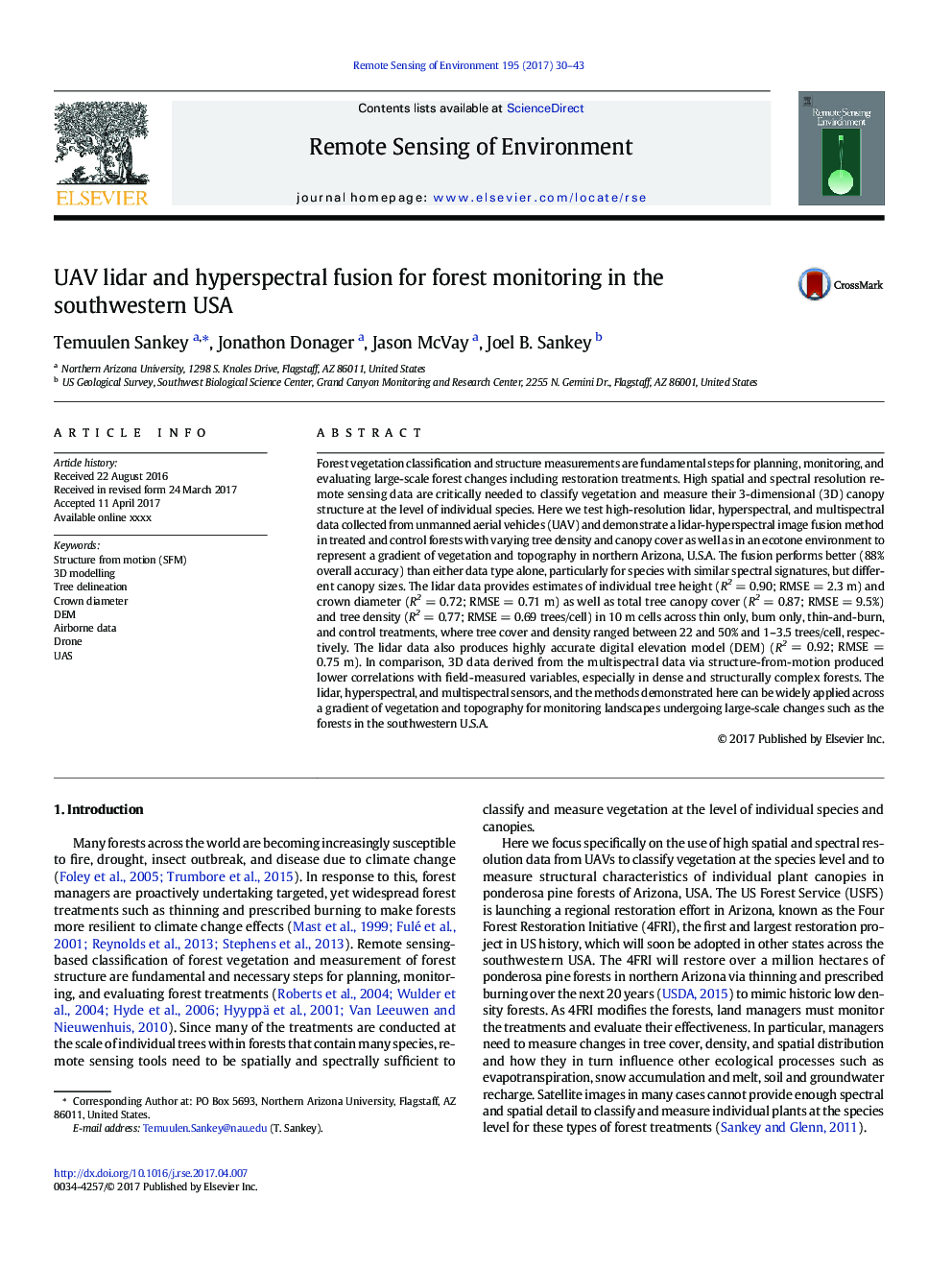 UAV lidar and hyperspectral fusion for forest monitoring in the southwestern USA
