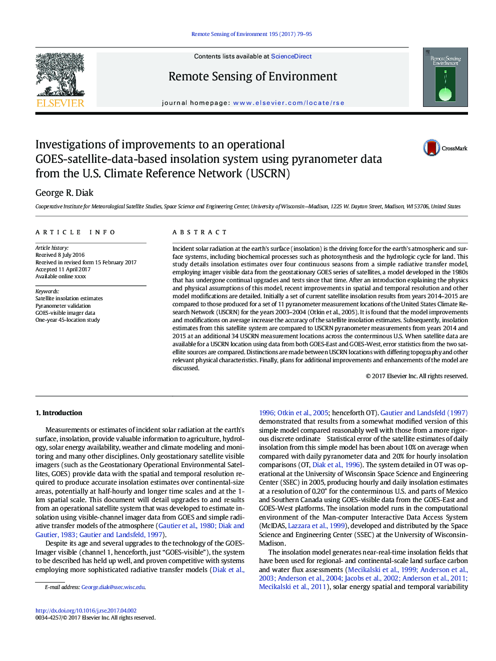 Investigations of improvements to an operational GOES-satellite-data-based insolation system using pyranometer data from the U.S. Climate Reference Network (USCRN)