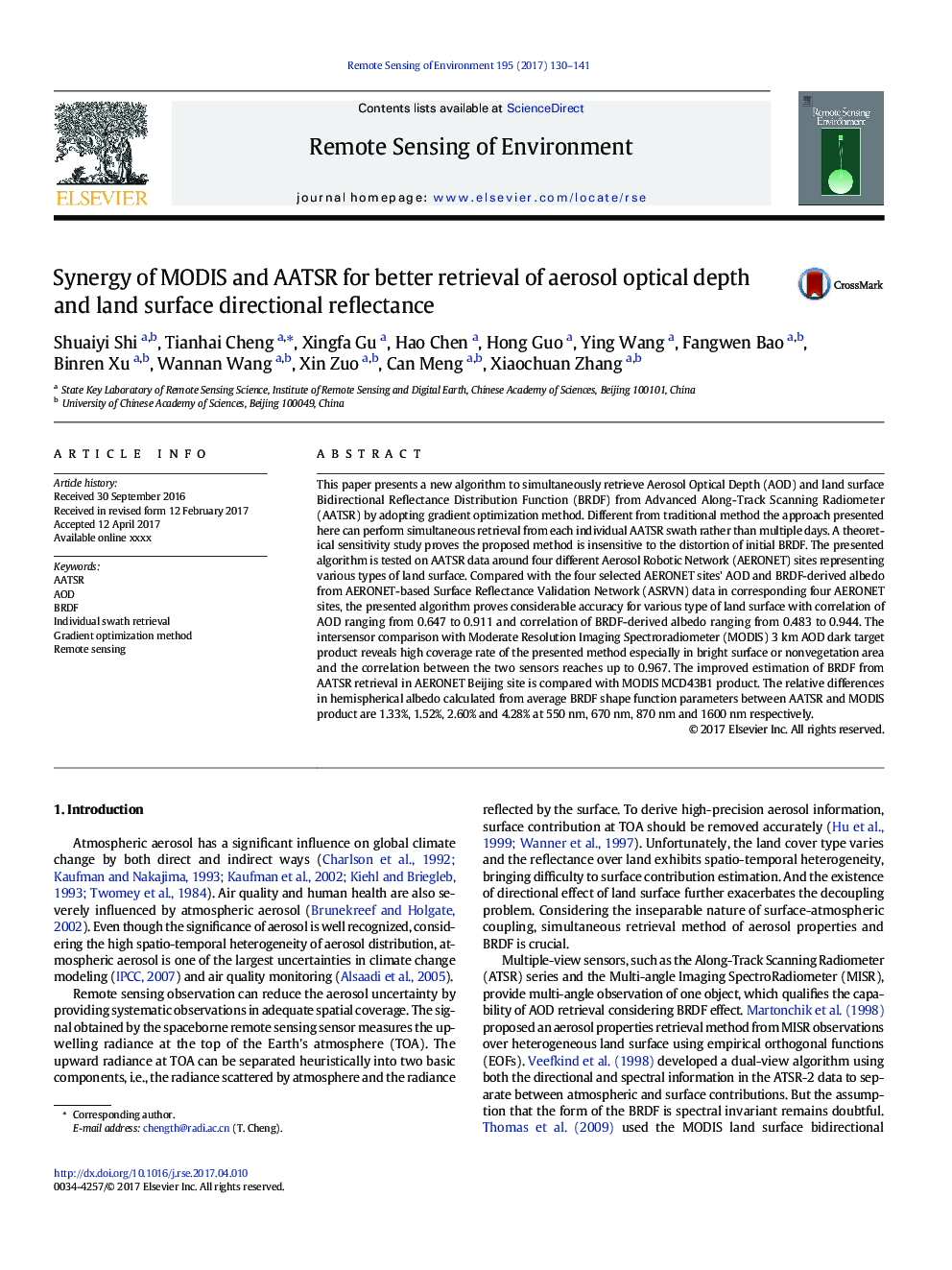 Synergy of MODIS and AATSR for better retrieval of aerosol optical depth and land surface directional reflectance
