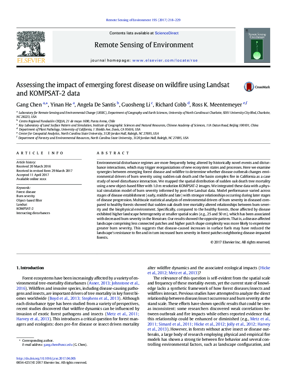 Assessing the impact of emerging forest disease on wildfire using Landsat and KOMPSAT-2 data