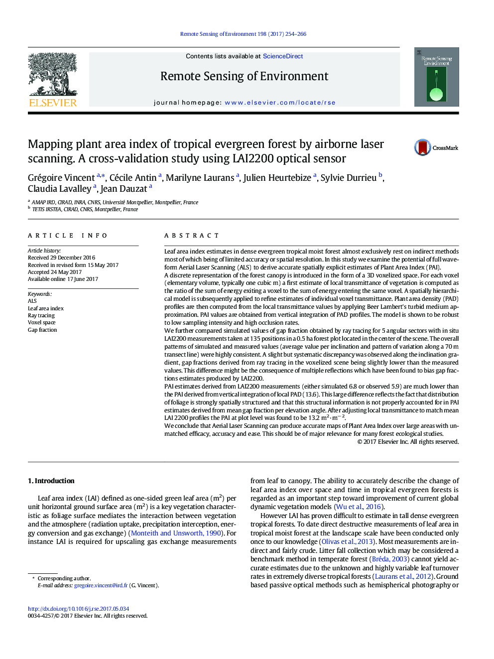 Mapping plant area index of tropical evergreen forest by airborne laser scanning. A cross-validation study using LAI2200 optical sensor