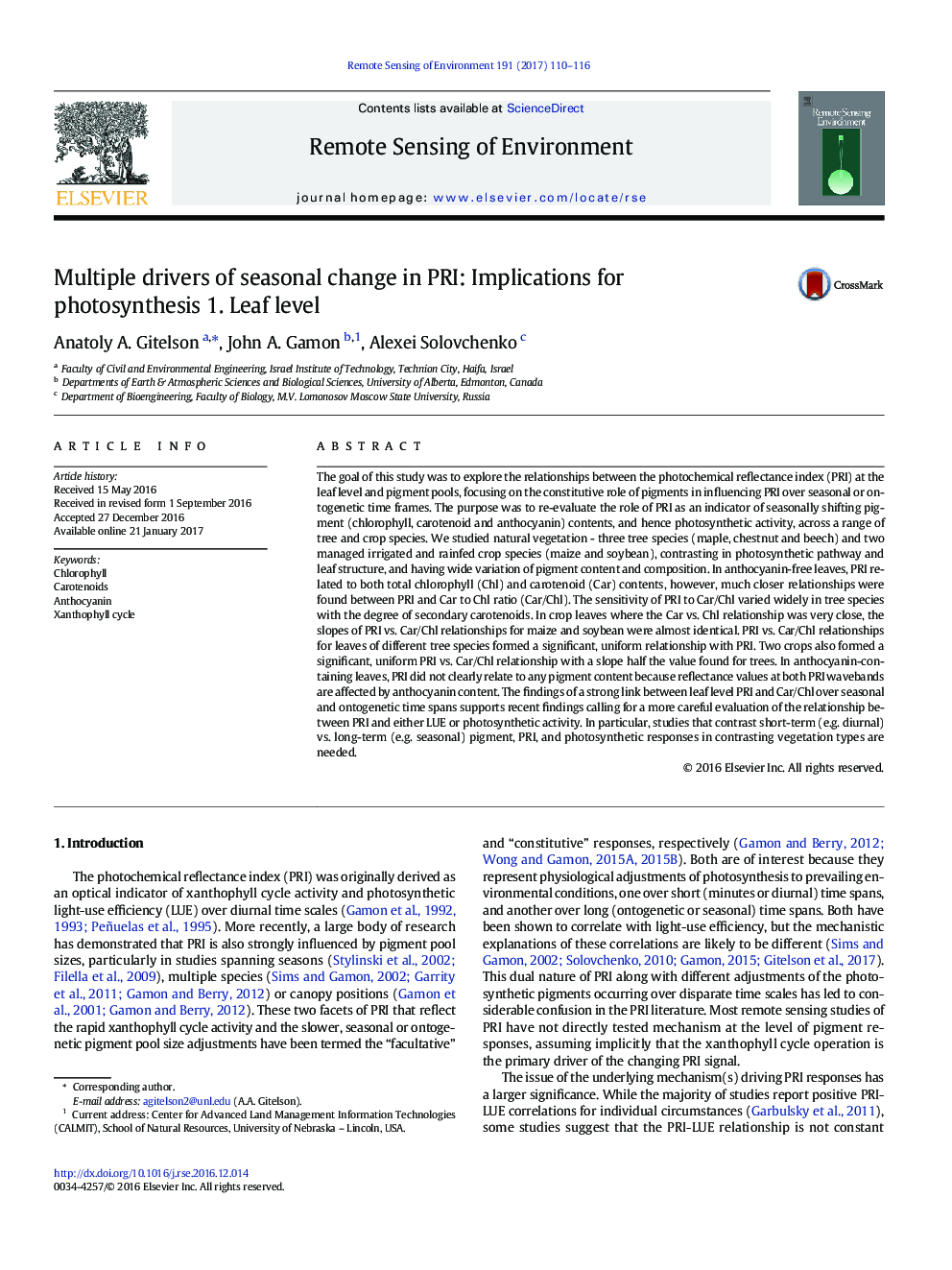 Multiple drivers of seasonal change in PRI: Implications for photosynthesis 1. Leaf level