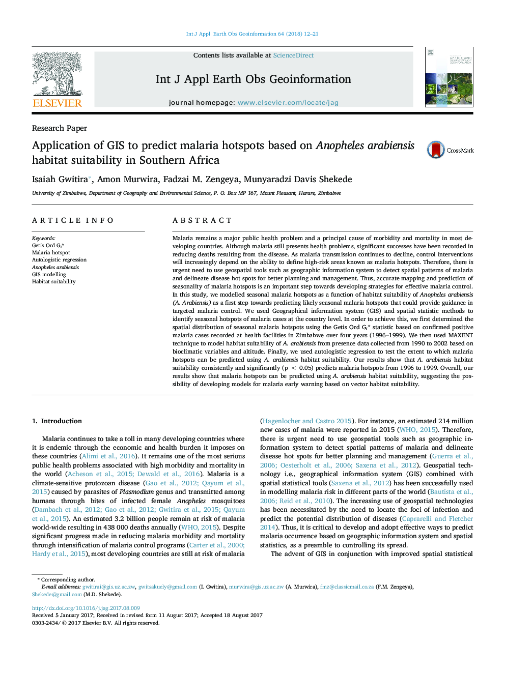 Application of GIS to predict malaria hotspots based on Anopheles arabiensis habitat suitability in Southern Africa