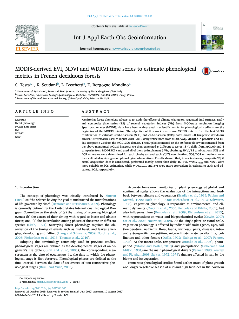 MODIS-derived EVI, NDVI and WDRVI time series to estimate phenological metrics in French deciduous forests