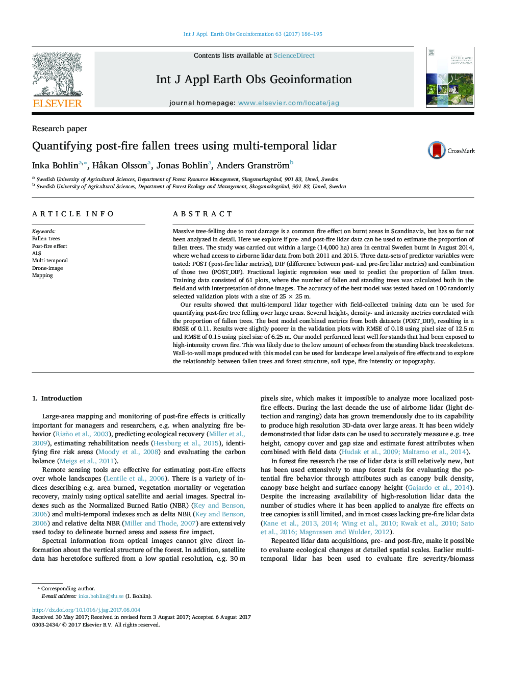 Quantifying post-fire fallen trees using multi-temporal lidar