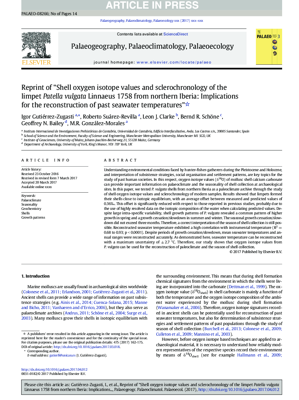 Reprint of "Shell oxygen isotope values and sclerochronology of the limpet Patella vulgata Linnaeus 1758 from northern Iberia: Implications for the reconstruction of past seawater temperatures"