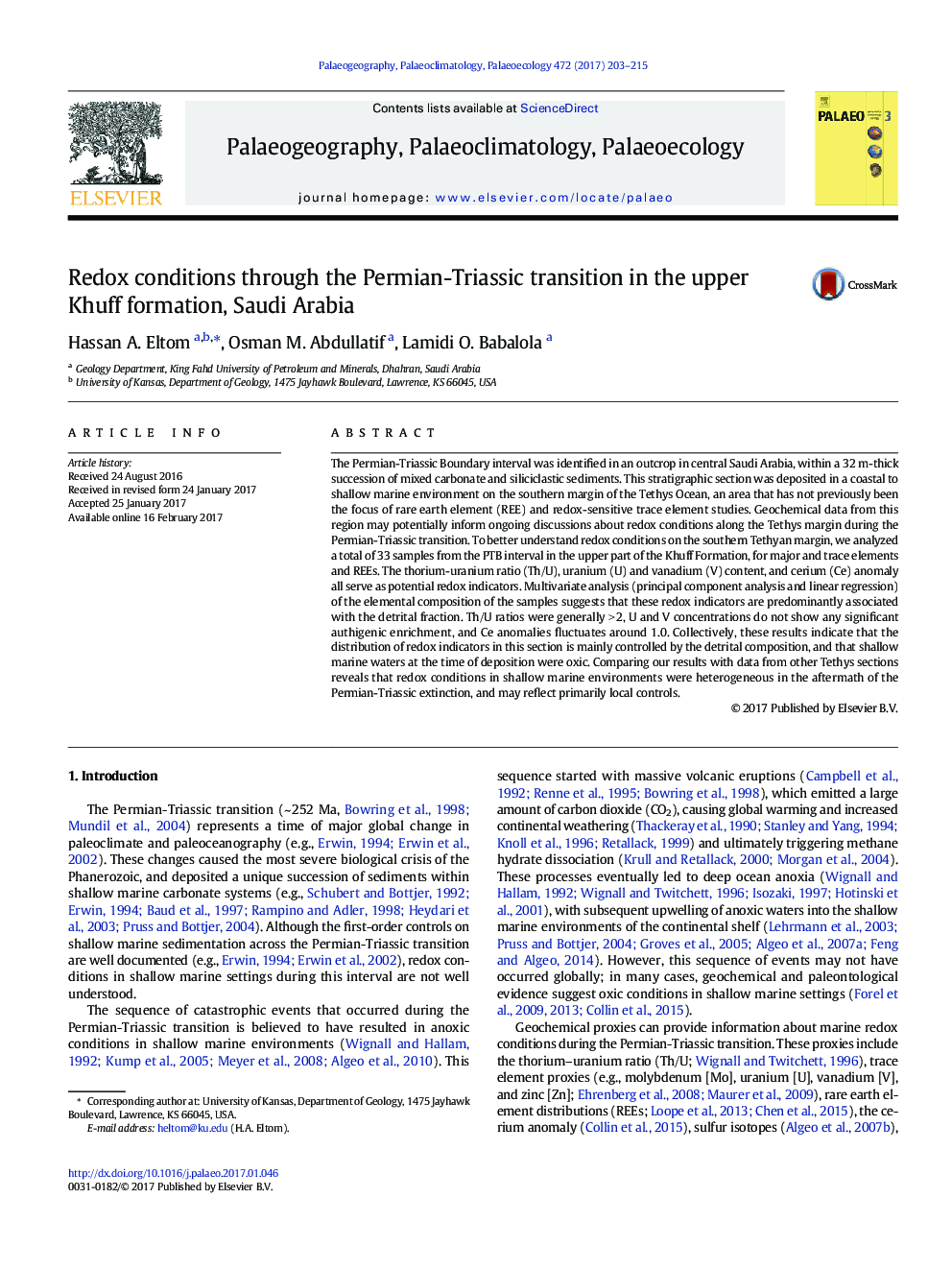 Redox conditions through the Permian-Triassic transition in the upper Khuff formation, Saudi Arabia