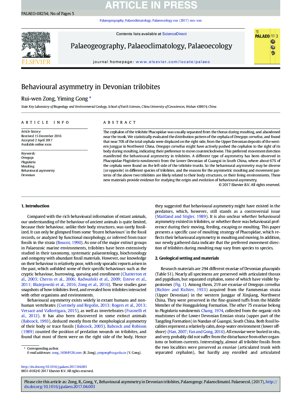 Behavioural asymmetry in Devonian trilobites